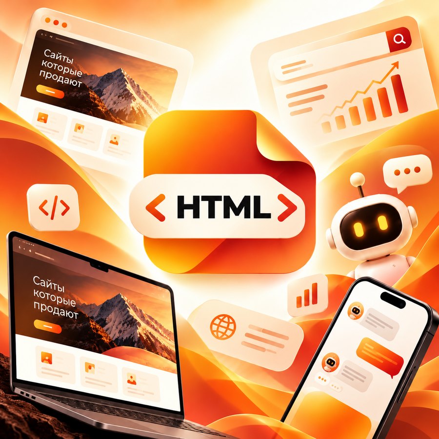 HTML-иконка, ноутбук с сайтом «Сайты, которые продают», телефон с чат-ботом и робот-помощник